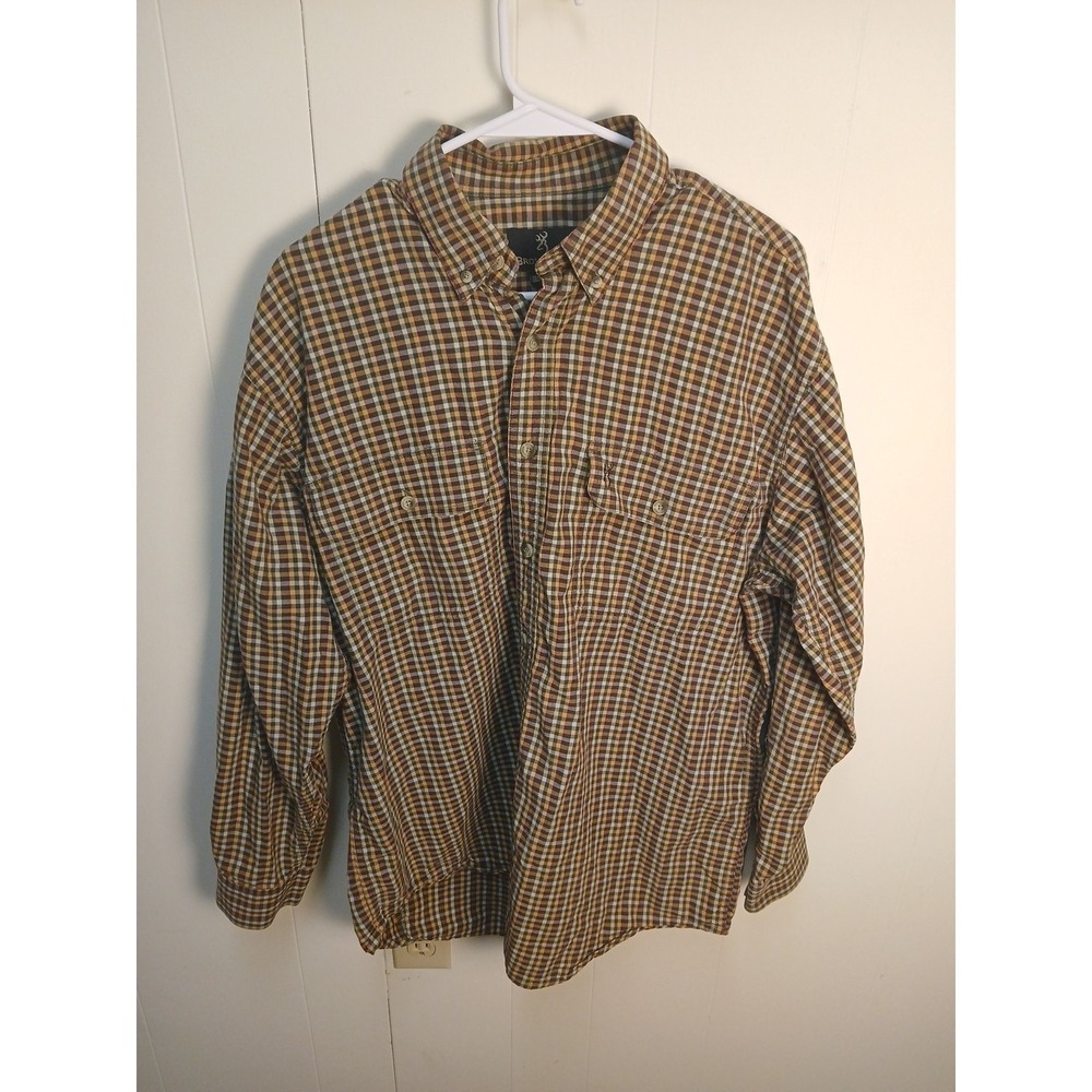 Browning Shirt Men Large Brown Plaid Long Sleeve Button Down Flap Pocket Hunting